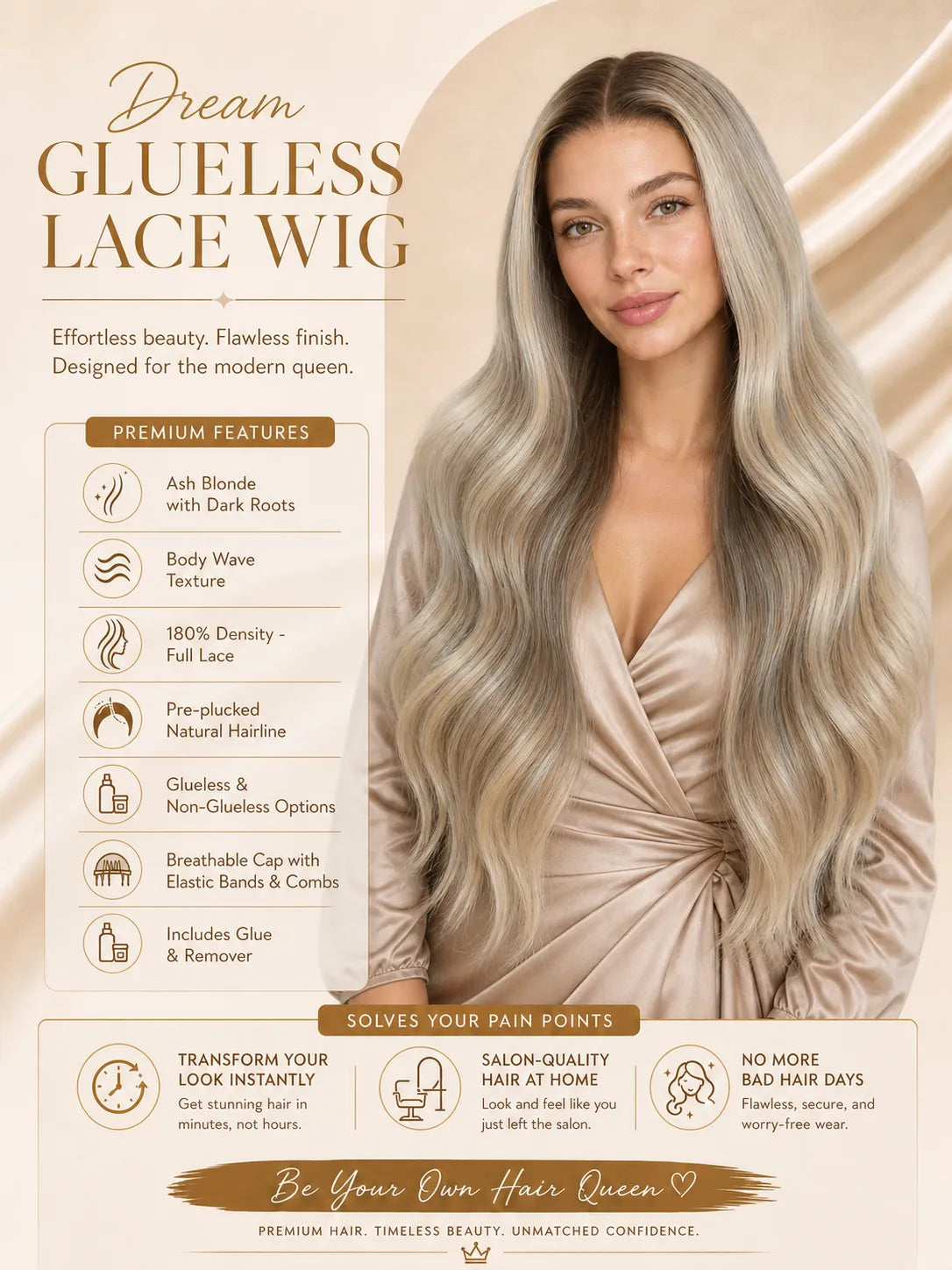 Glueless lace wig with long wavy ash-blonde hair and natural-looking part