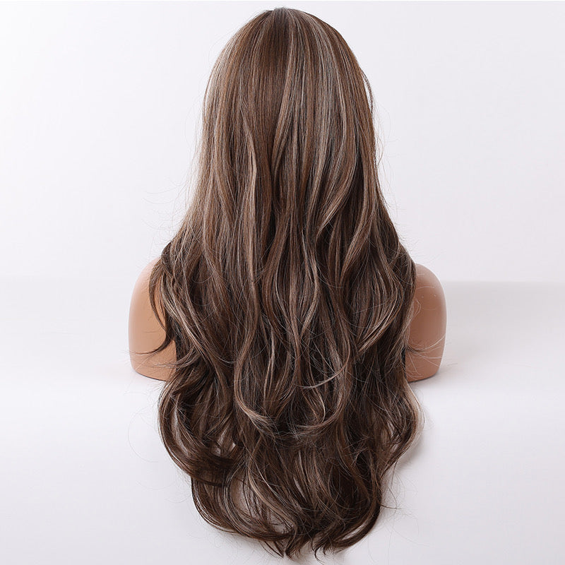 Chestnut brown synthetic wig with long wavy back view and subtle highlights