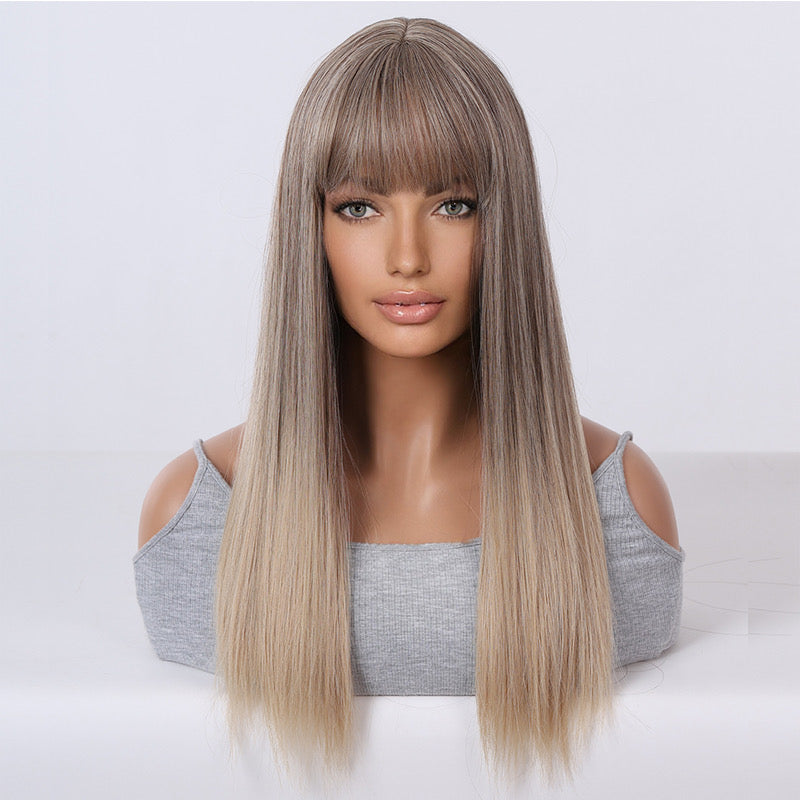 Synthetic wig with straight ash-blonde ombre hair and blunt fringe bangs
