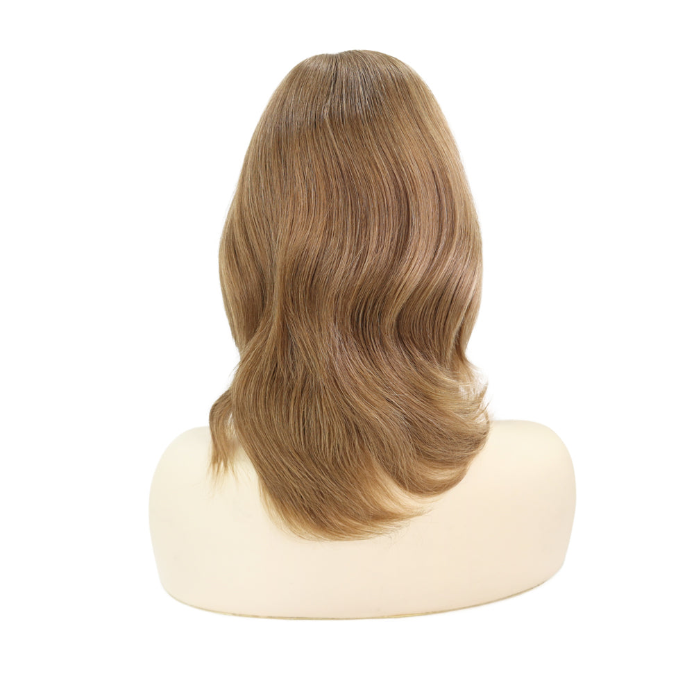Ashy brown lace-front wig, wavy shoulder-length hair with flip ends.
