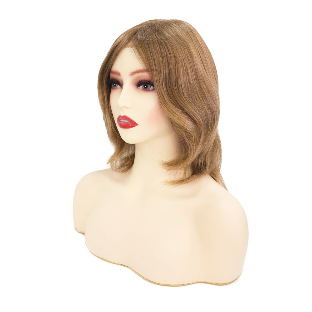 Ashy brown lace-front wig with shoulder-length layers and side part.