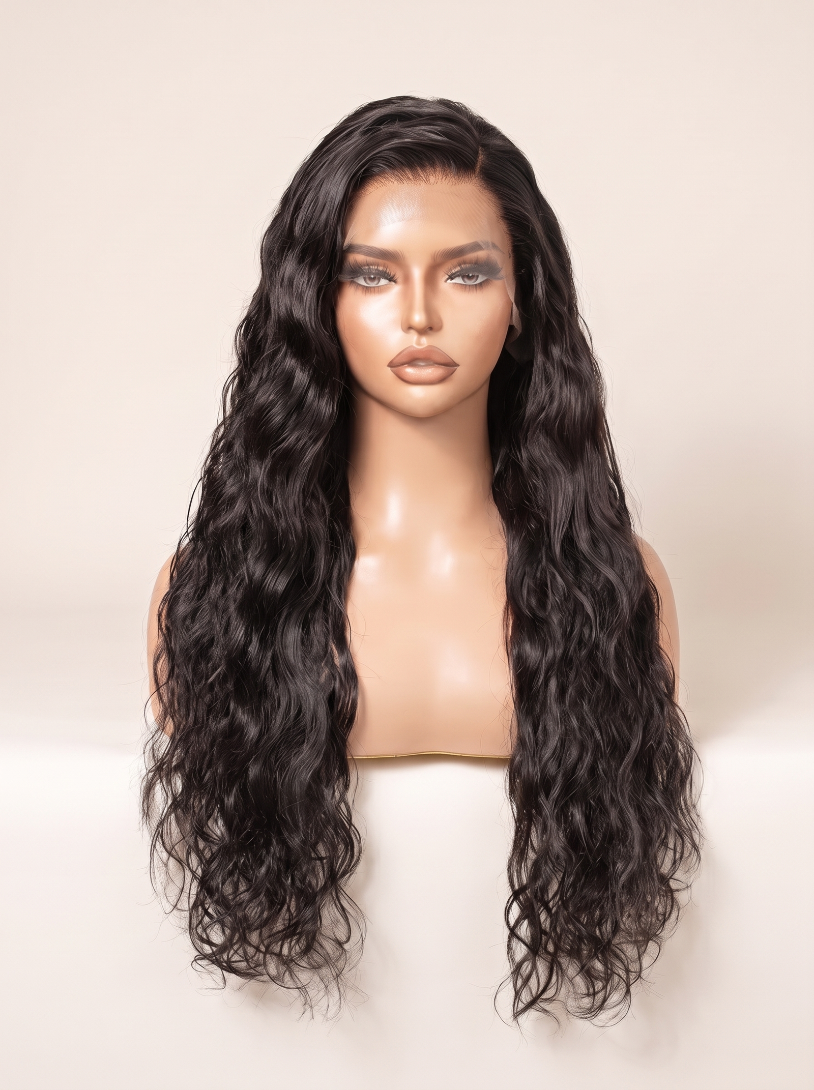 Black wet look lace front wig with long wavy curls and center part