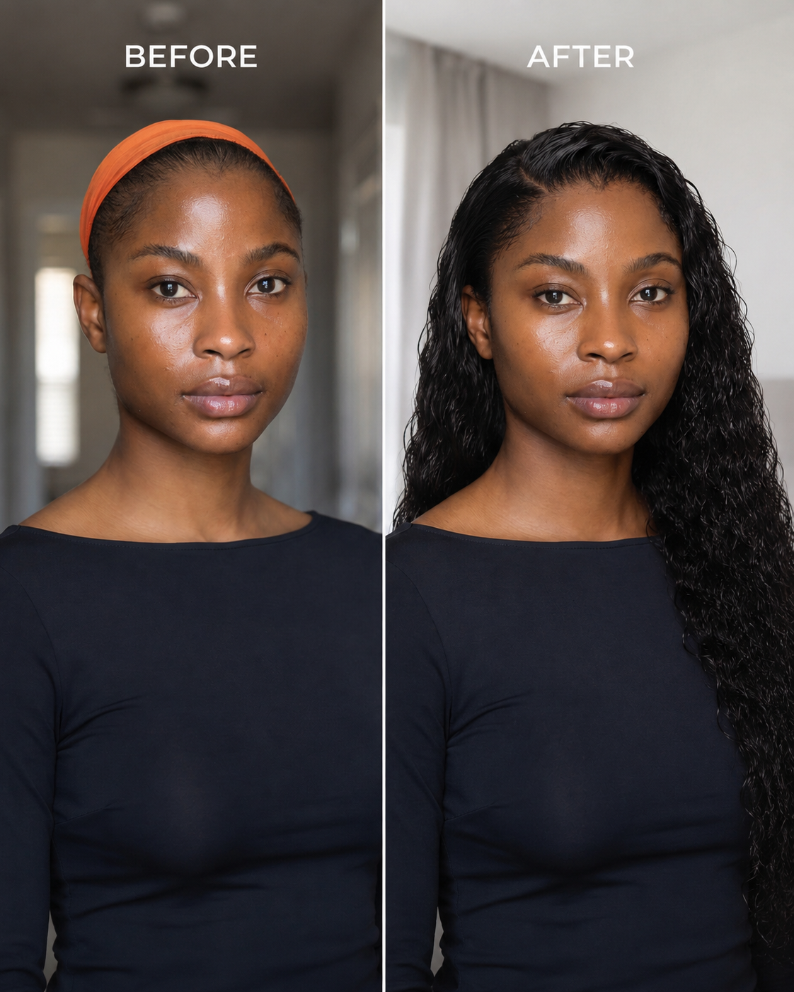 Black wet look lace wig on model with long curly hair and natural part