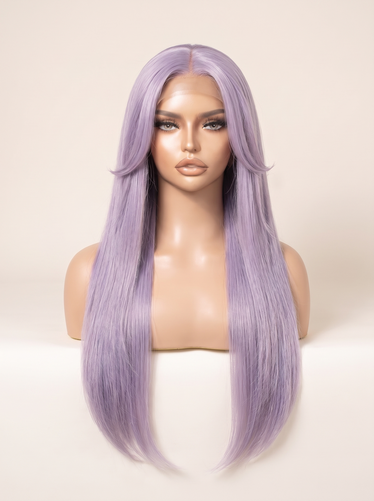 Vanilla lace wig with long straight lavender hair, front view on mannequin head