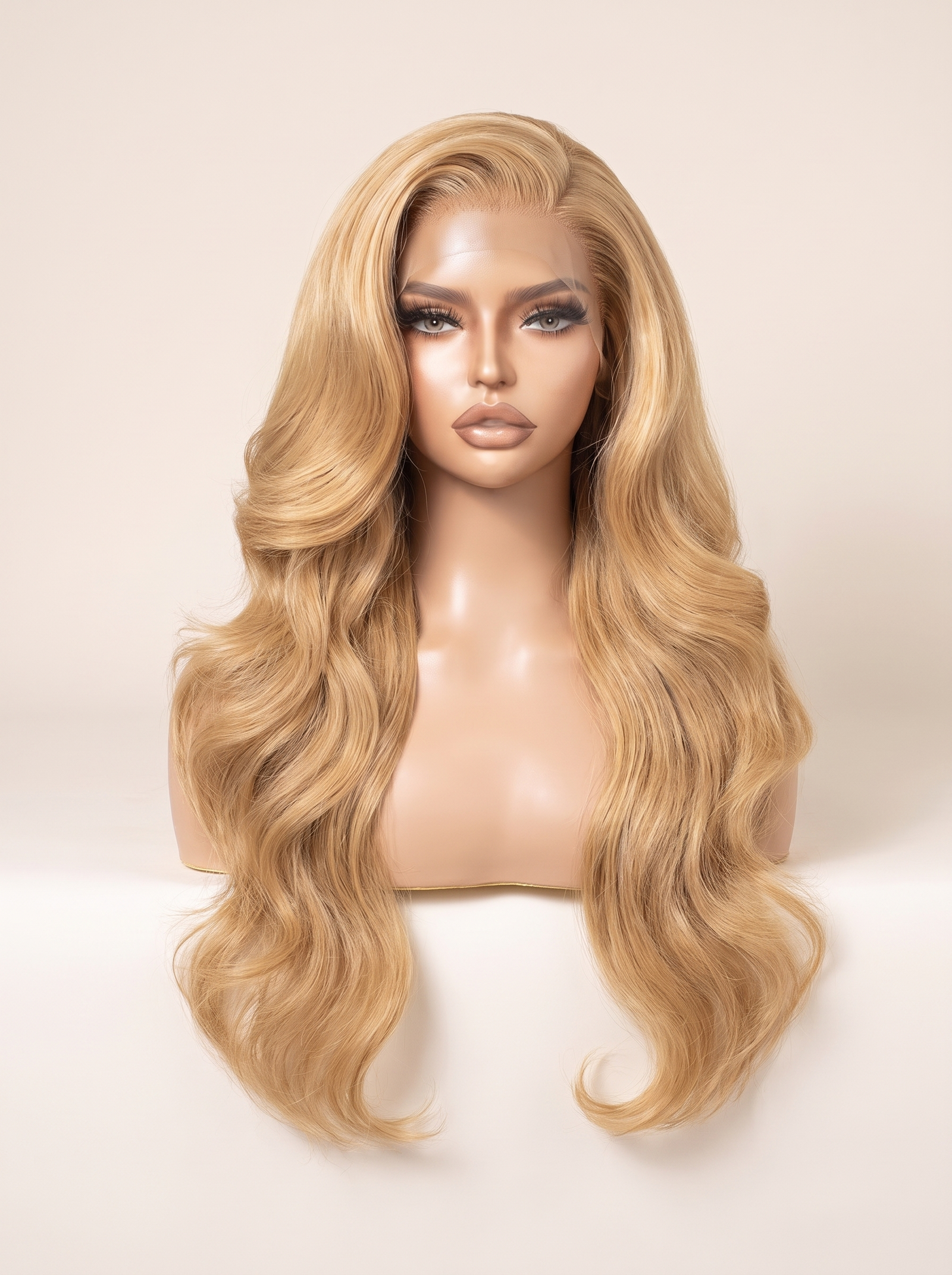 Light blonde long wavy lace wig on mannequin with natural-looking hair parting