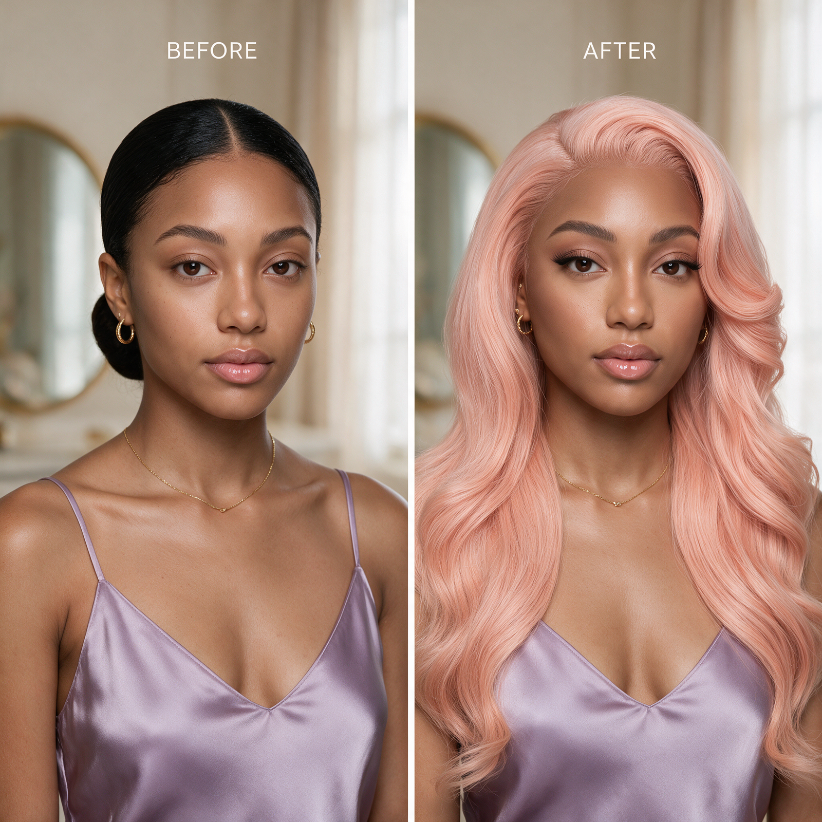 Two-panel view: light pink wig with long wavy hair and side part.