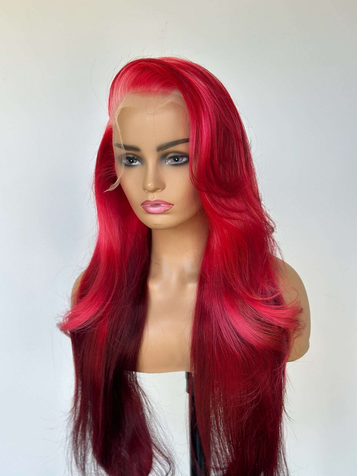 Lace front wig with long crimson red hair and soft waves, side part