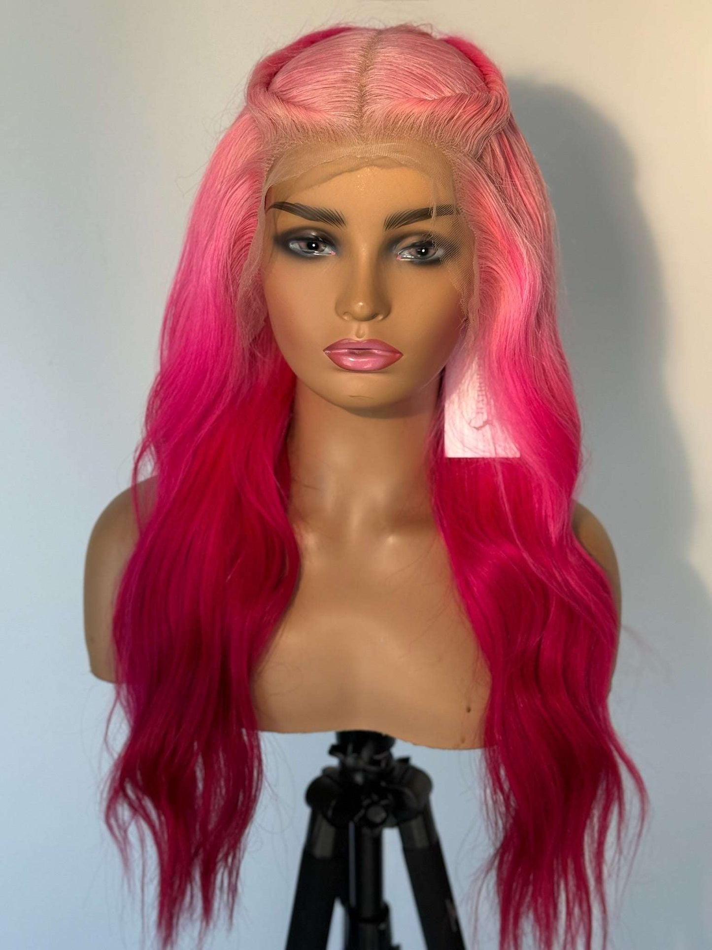 Fuchsia fade lace-front wig with long wavy hair, deep pink lengths and light top