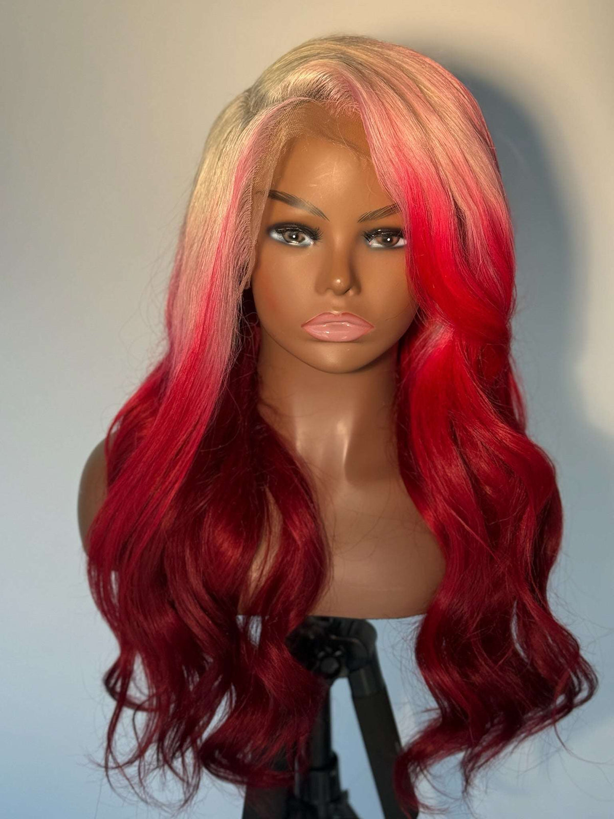 Pink champagne lace wig, long wavy ombre in pink, red, and dark burgundy
