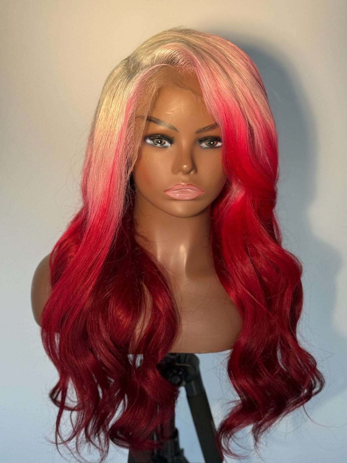 Pink champagne lace wig with center part, long wavy ombre in pink and deep red