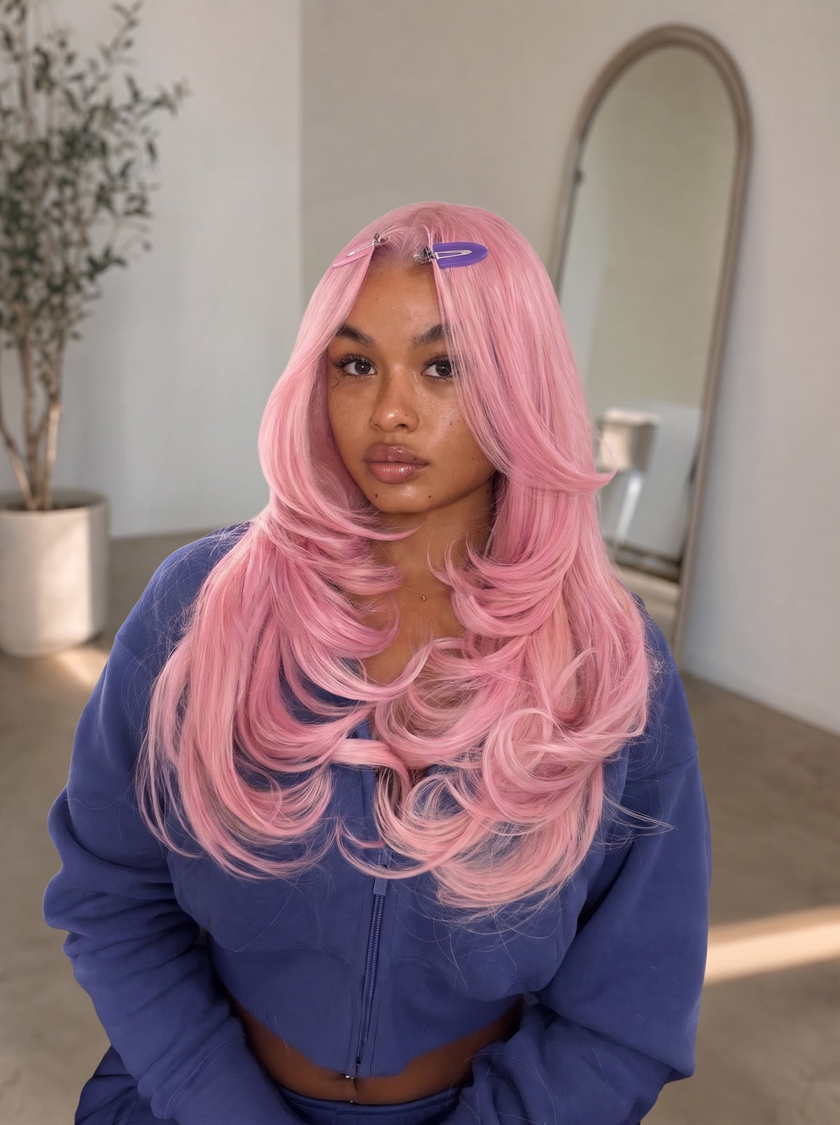 Pink rose lace wig with crown clip, long layered waves and soft curl texture