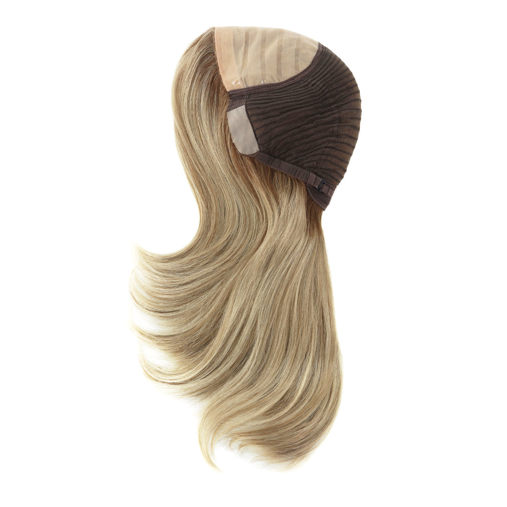 Long blonde sheitel wig with full coverage cap and side-swept hair