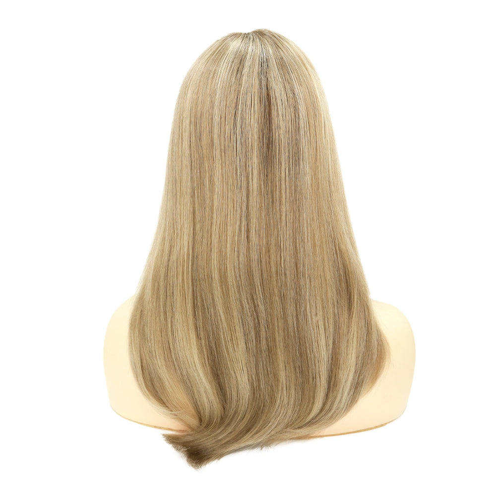 Long blonde sheitel wig back view with straight cut and full length hair