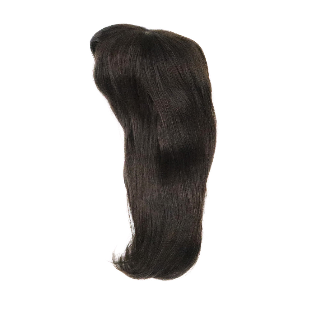 Dark brown hair wig piece with full coverage, straight style, side view