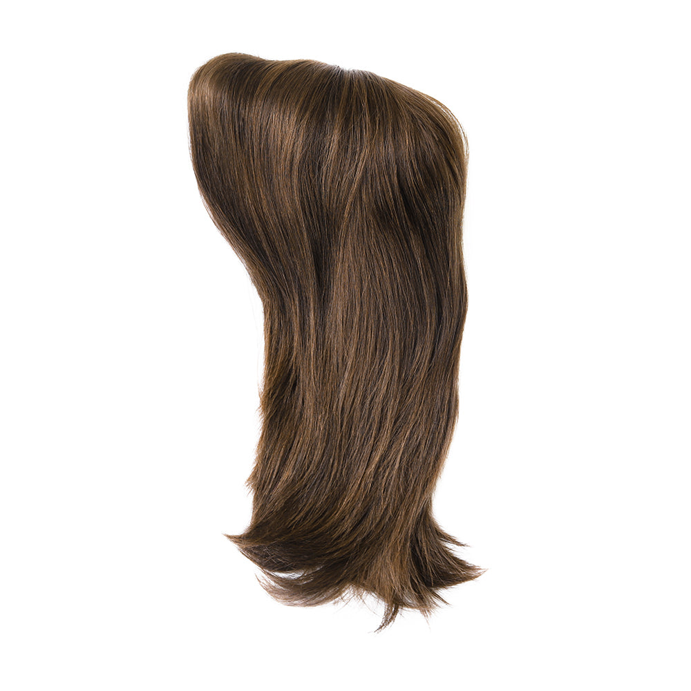 Mocha brown highlighted sheitel wig with long wavy hair, side view