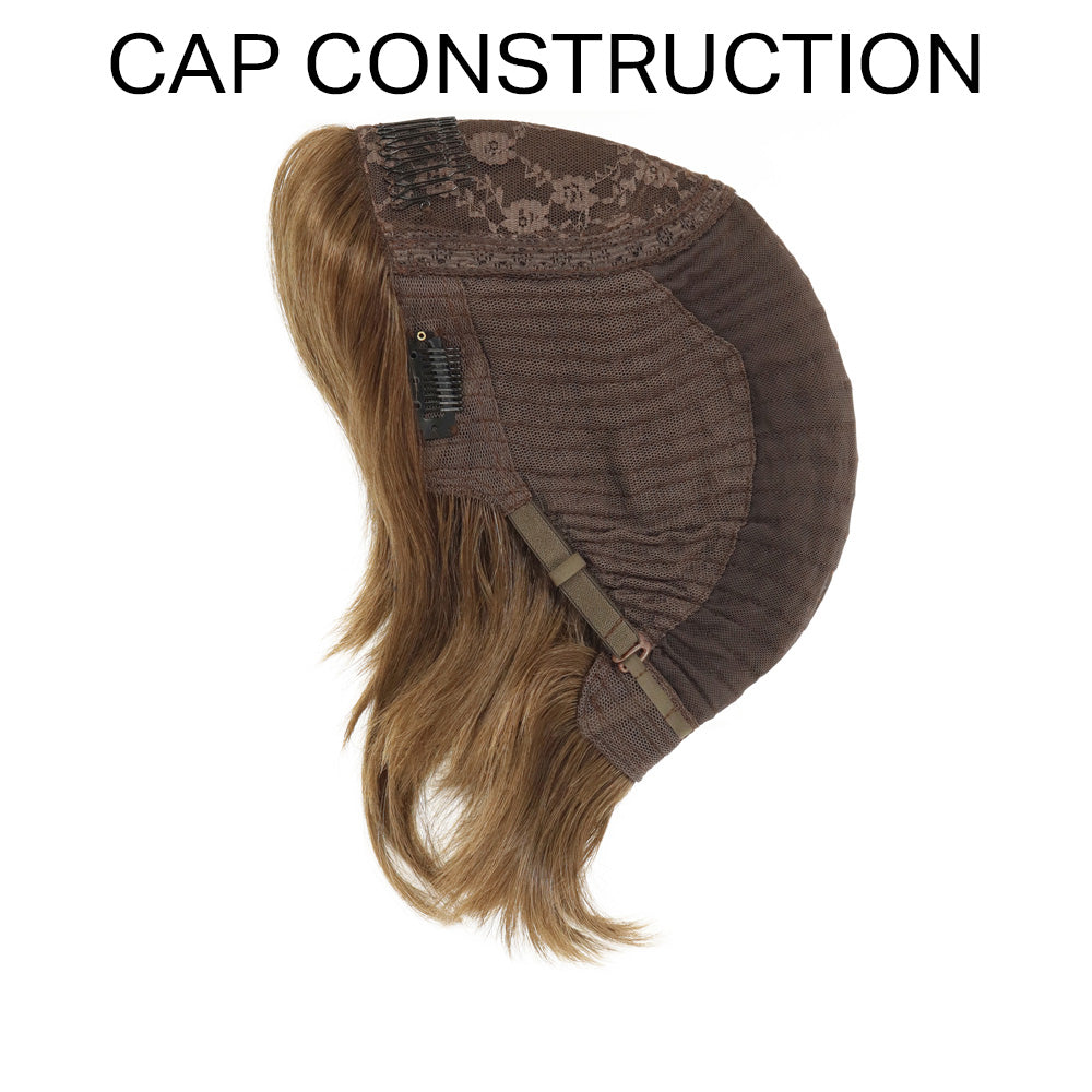 Brown wig cap with mesh top, attached hair, and adjustable strap