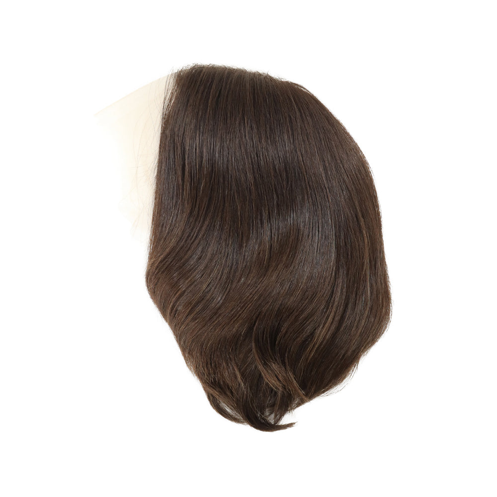 Dark brown sheitel wig with side-swept hair and natural wavy texture