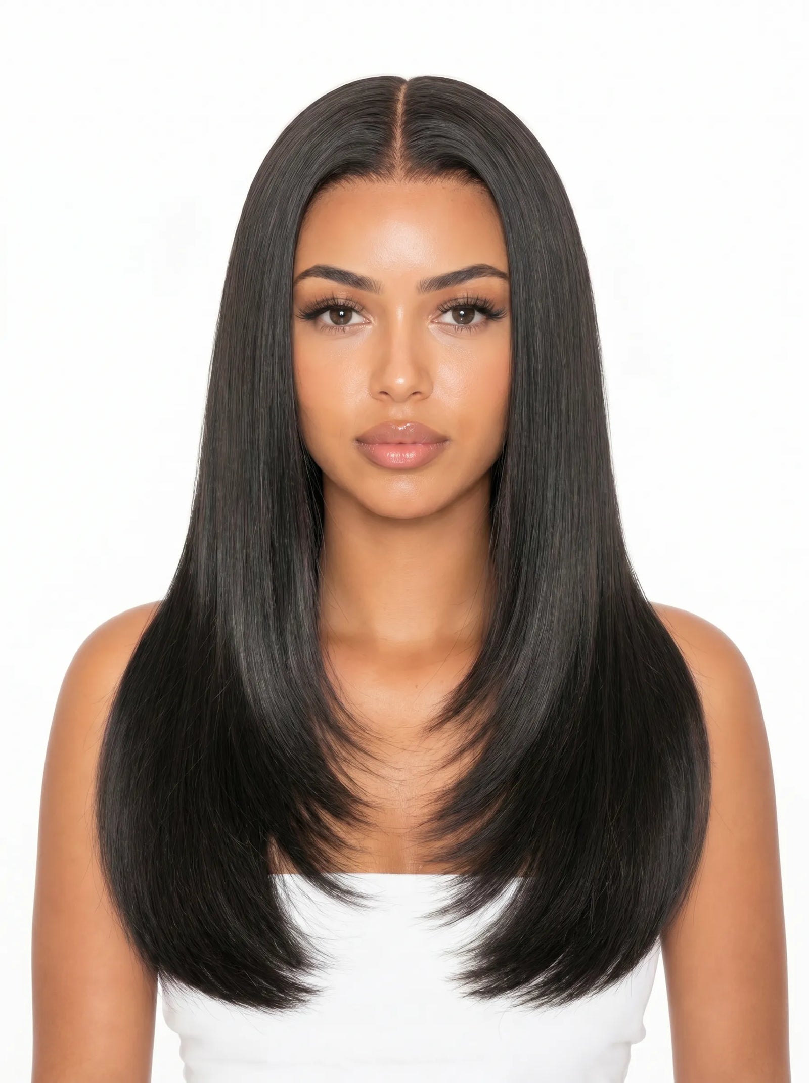 Lace wig, long black straight hair with center part and natural hairline