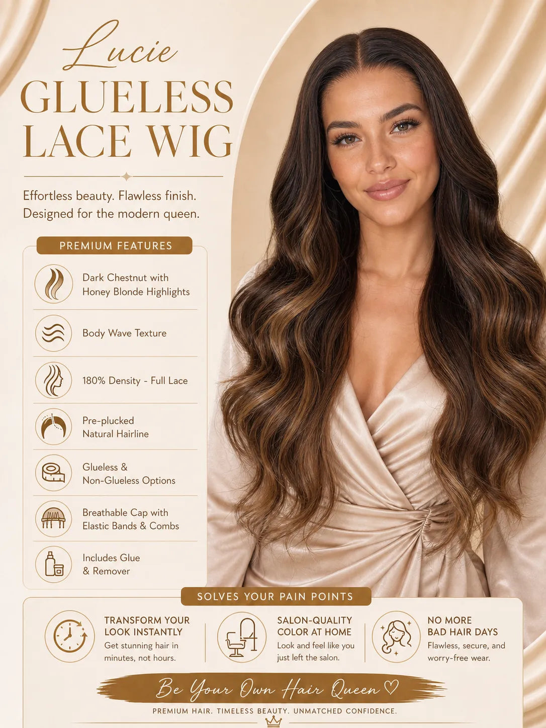 Long dark brown glueless lace wig with natural waves and defined hairline.