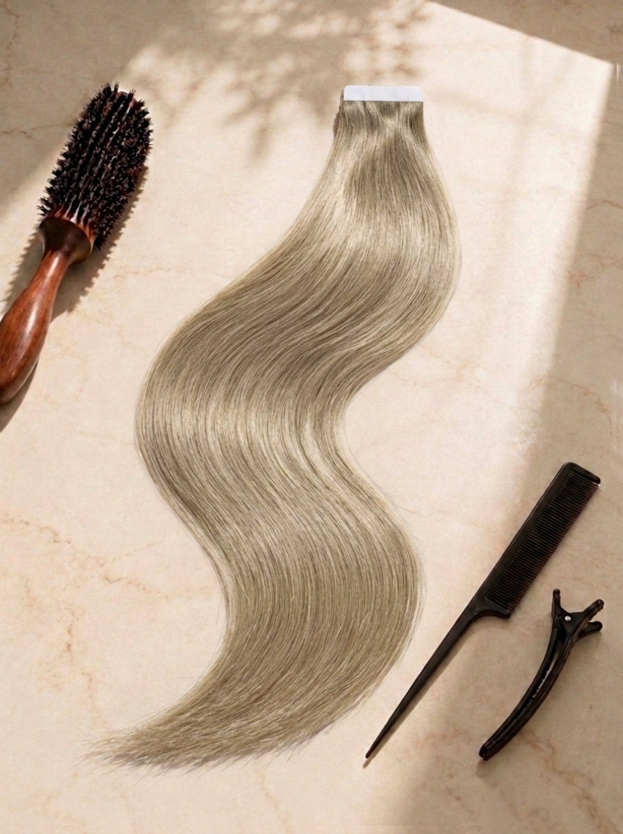 Straight tape-in hair extension, soft gray-brown wavy strands, visible tape strip