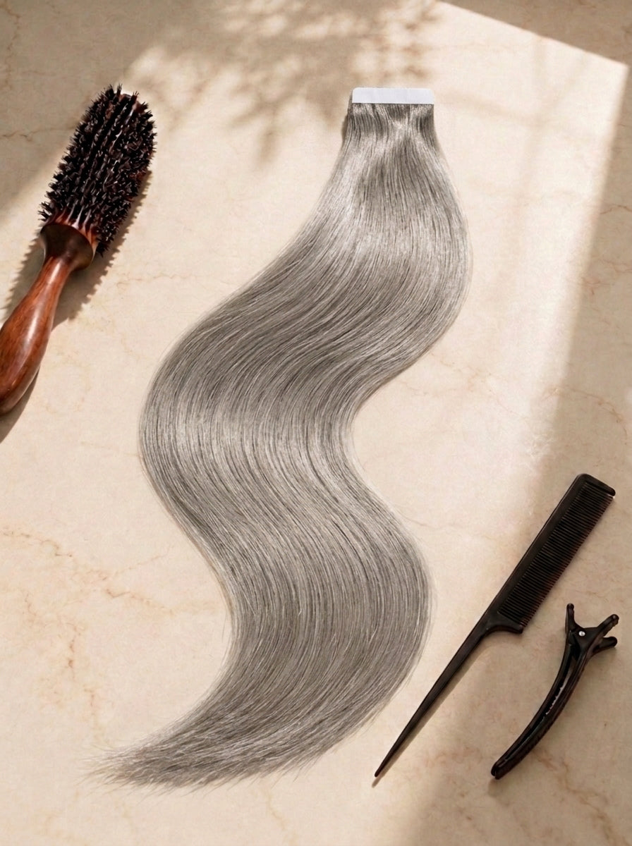 Straight tape-in hair extension, cool silver gray wavy strands, visible tape strip