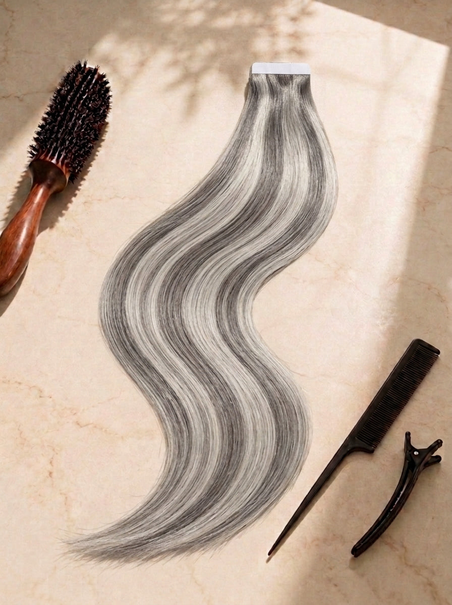 Straight tape-in hair extension, silver gray tones, visible tape strip