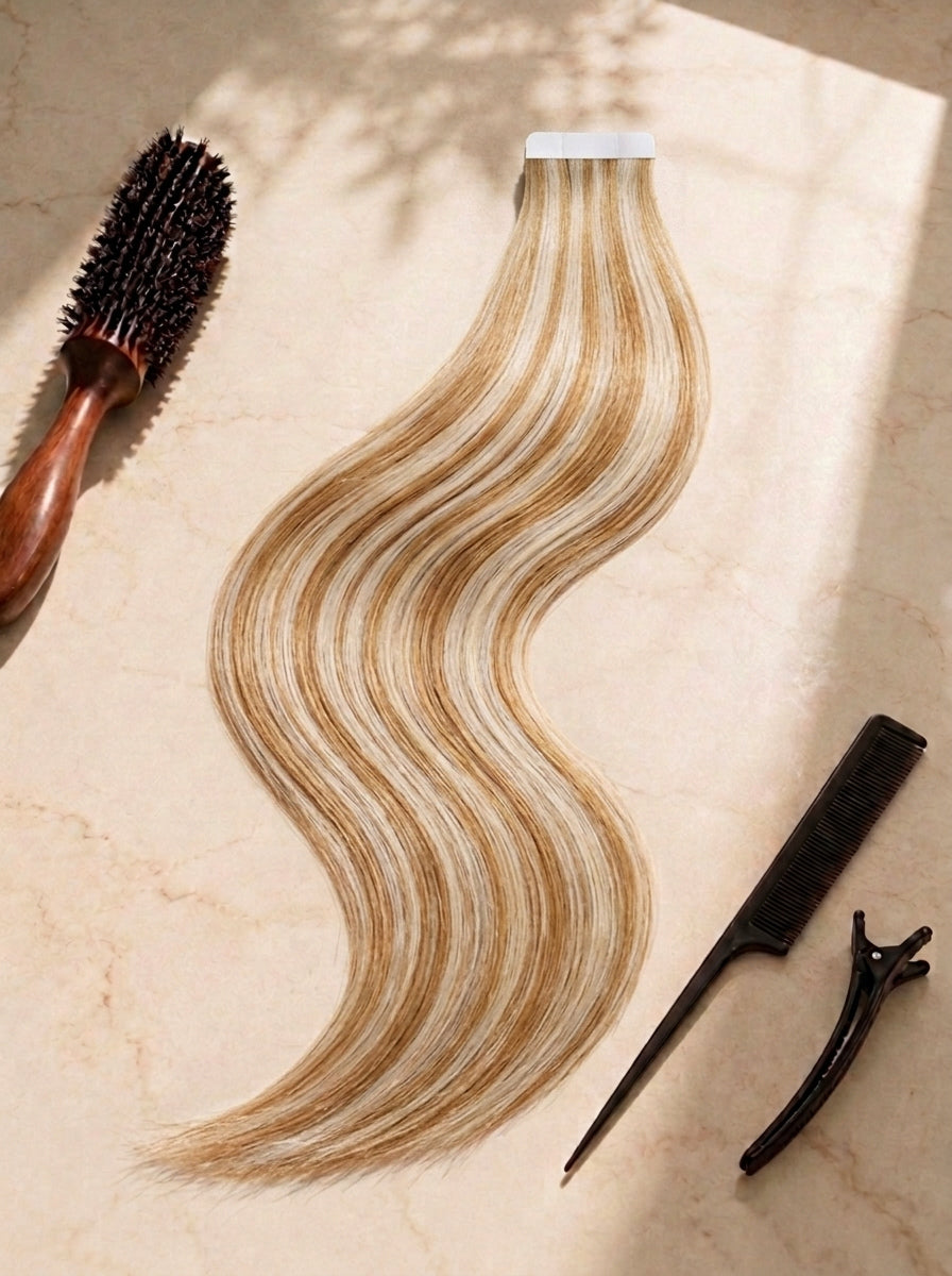 Straight tape-in hair extension, golden blonde wavy strands, visible tape strip