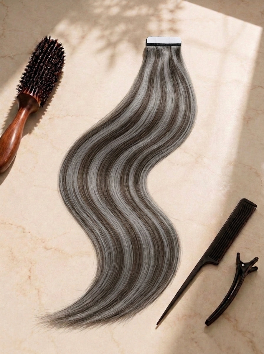Straight tape-in hair extension, dark gray-silver wavy texture, visible tape strip
