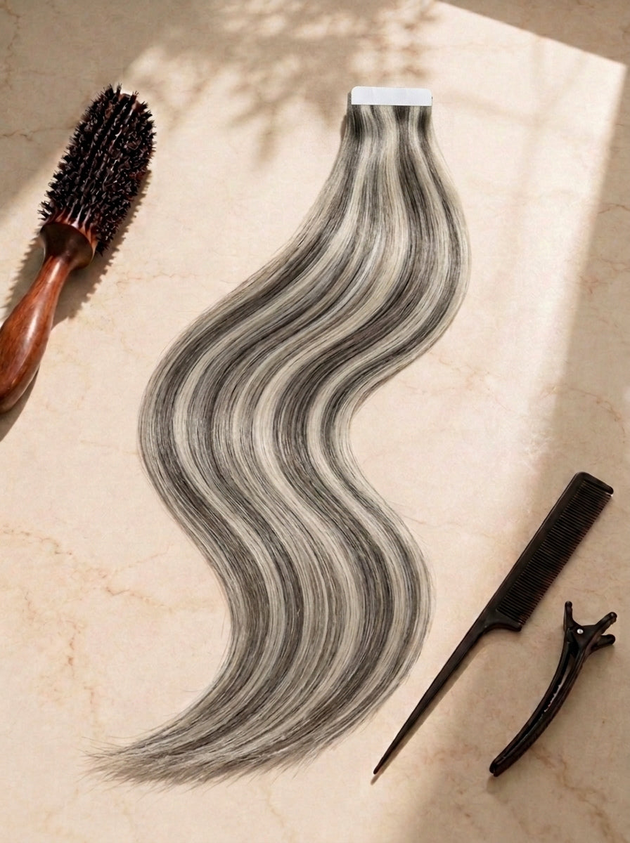 Straight tape-in hair extension, gray and white blend, visible tape strip