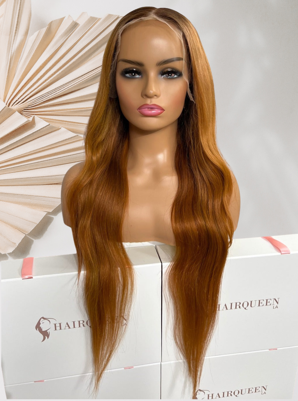 Lace front wig with long copper-brown loose waves, middle part