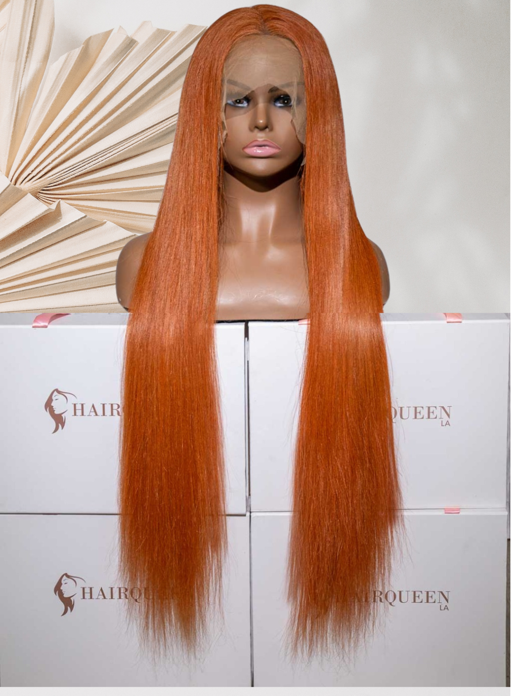 Copper lace front wig with long straight reddish-brown hair, center part.
