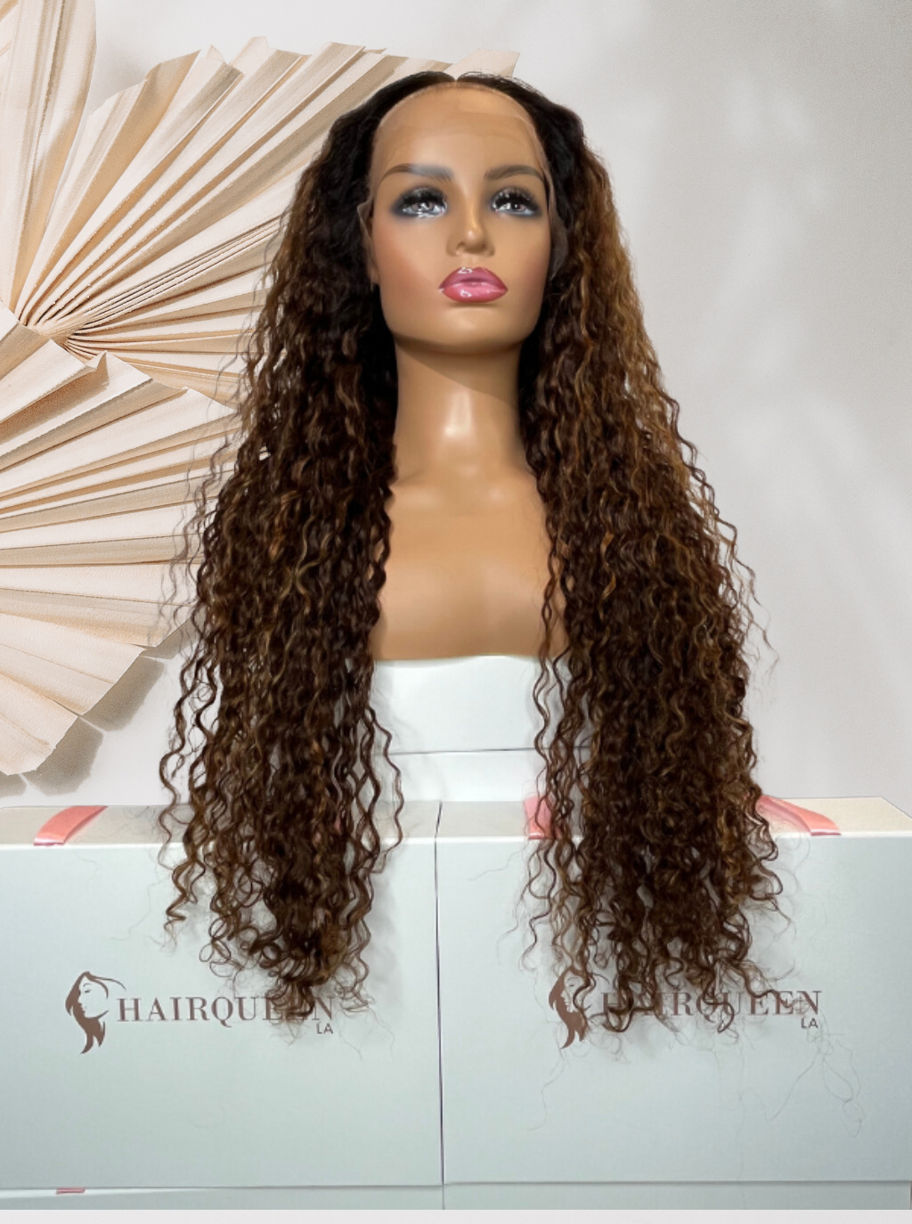 Glueless lace wig, long curly dark-brown hair, side part, full coverage