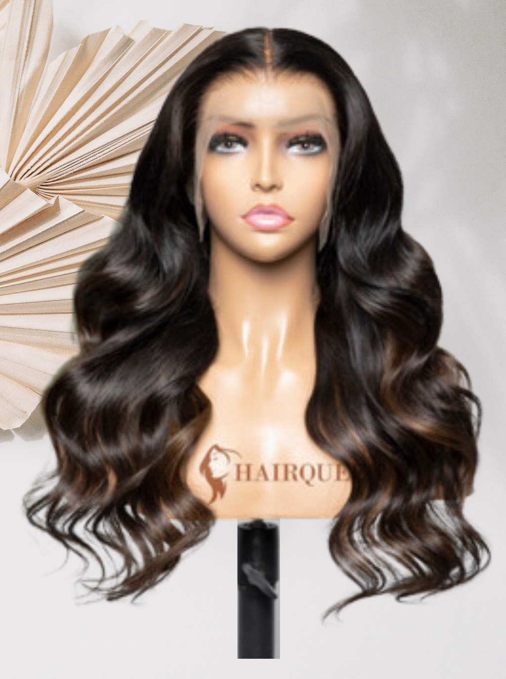 Nicole lace wig on mannequin, long dark wavy hair with center part