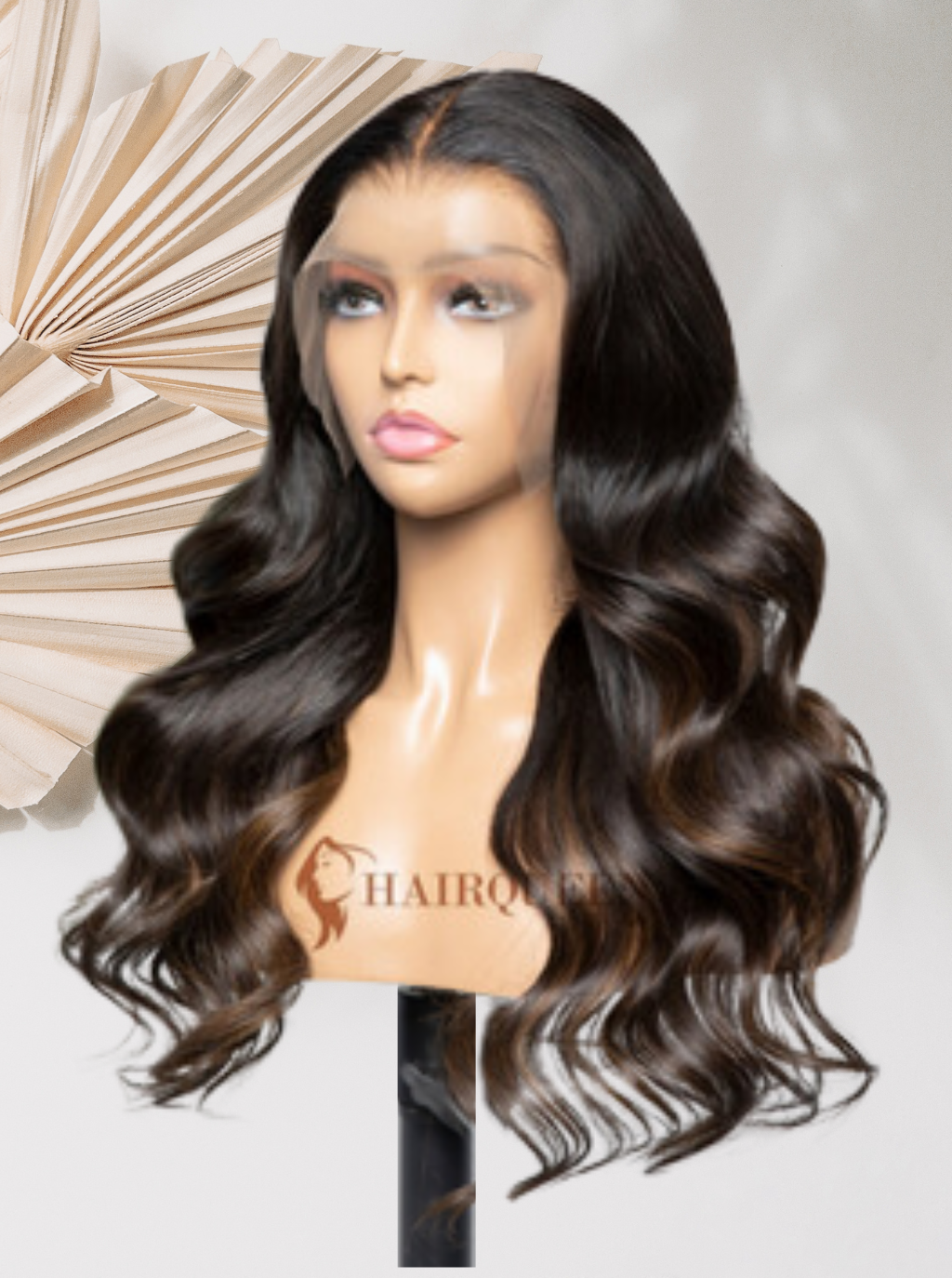 Nicole lace wig on mannequin, dark wavy hair with side profile and center part