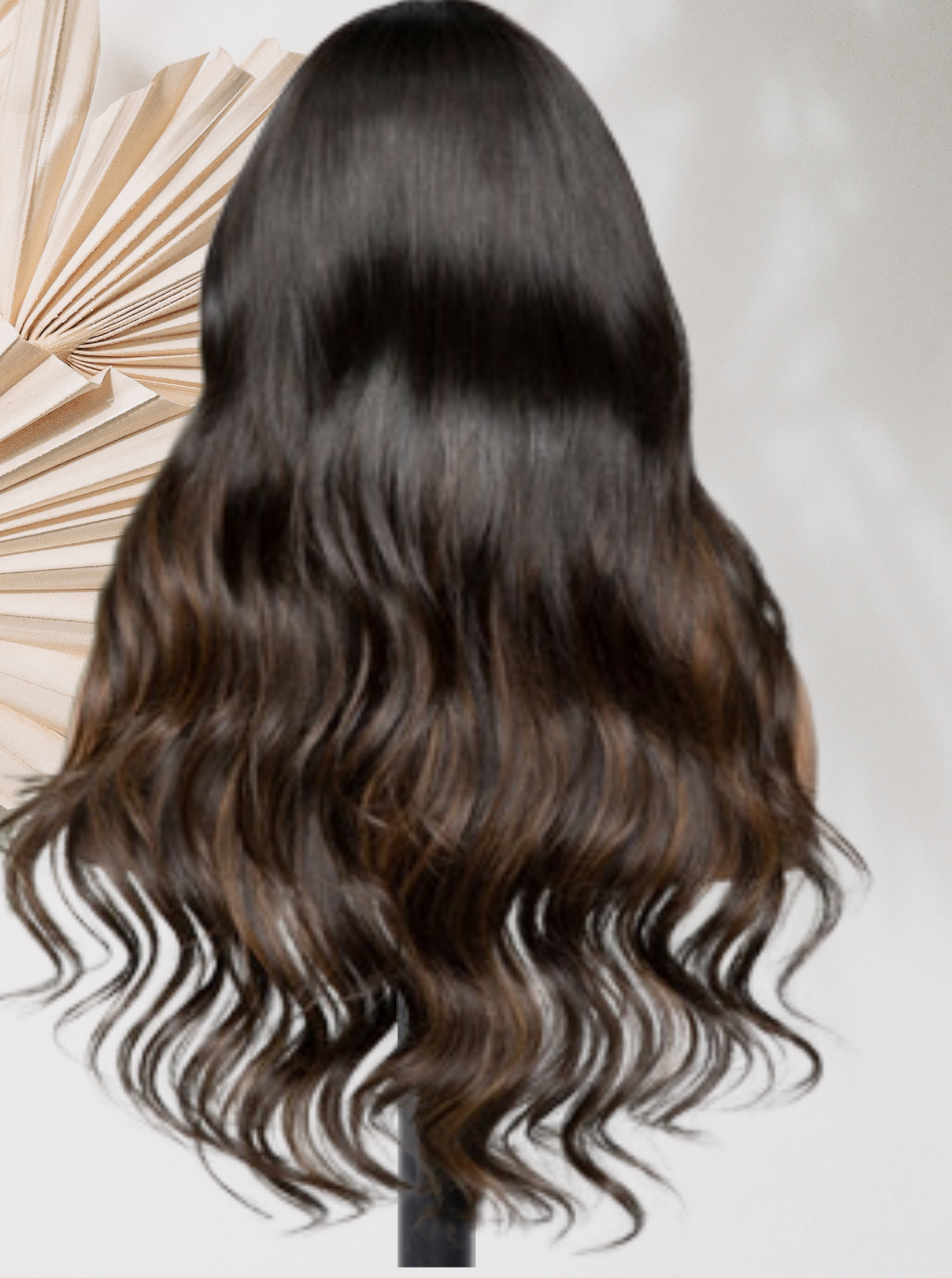 Nicole lace wig back view, long dark wavy hair cascading to mid-back