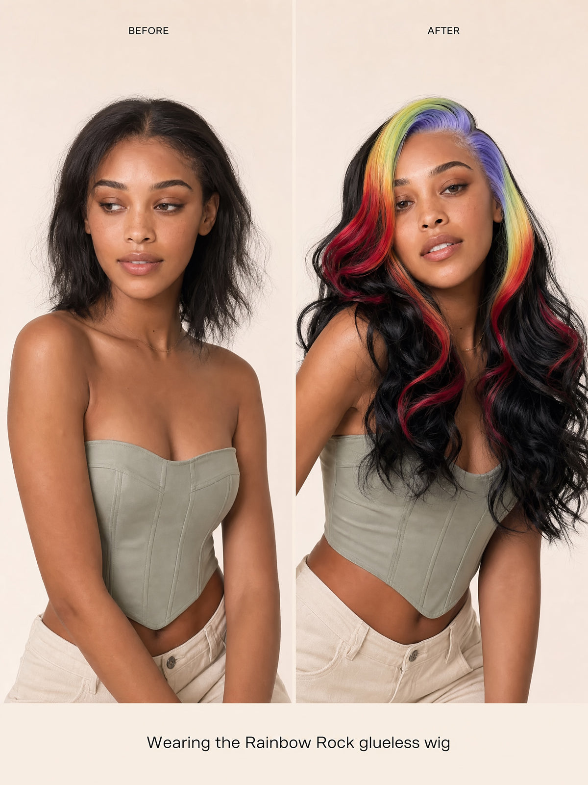 Long wavy rainbow lace wig on model, black hair with multicolor streaks