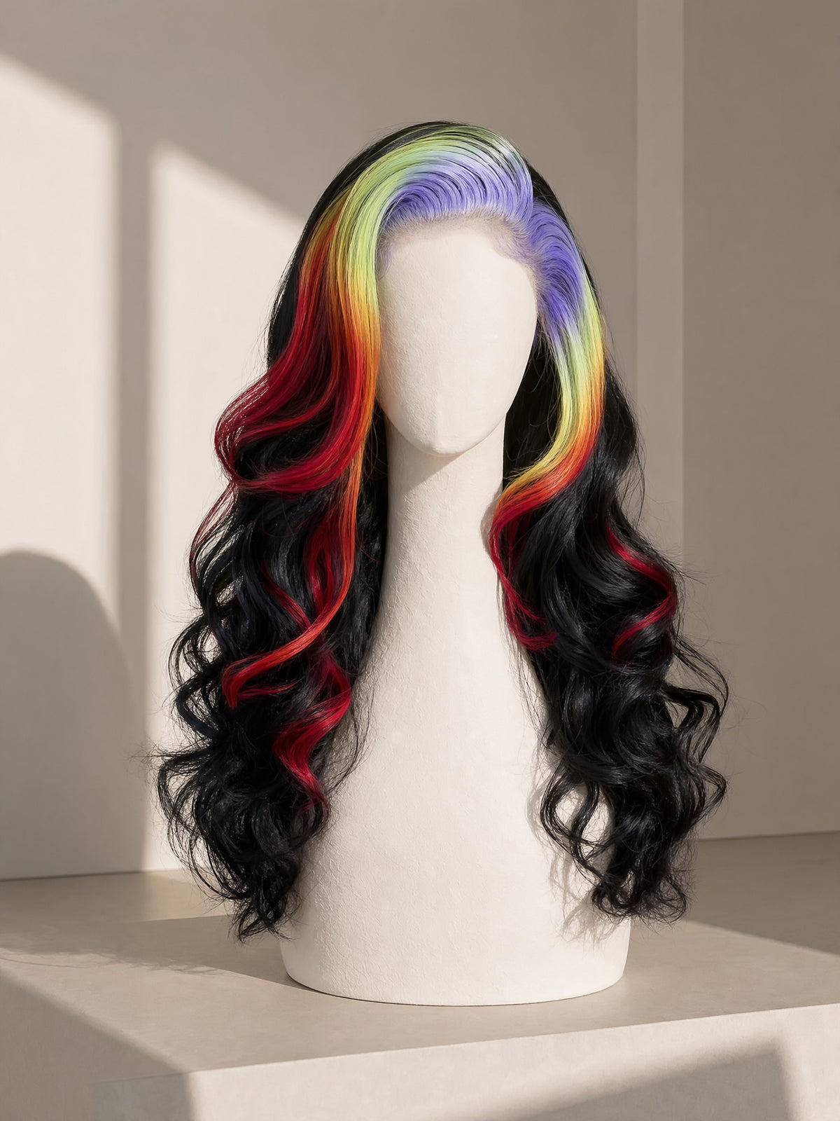 Rainbow lace wig on mannequin: long wavy black hair with red, blue, yellow highlights
