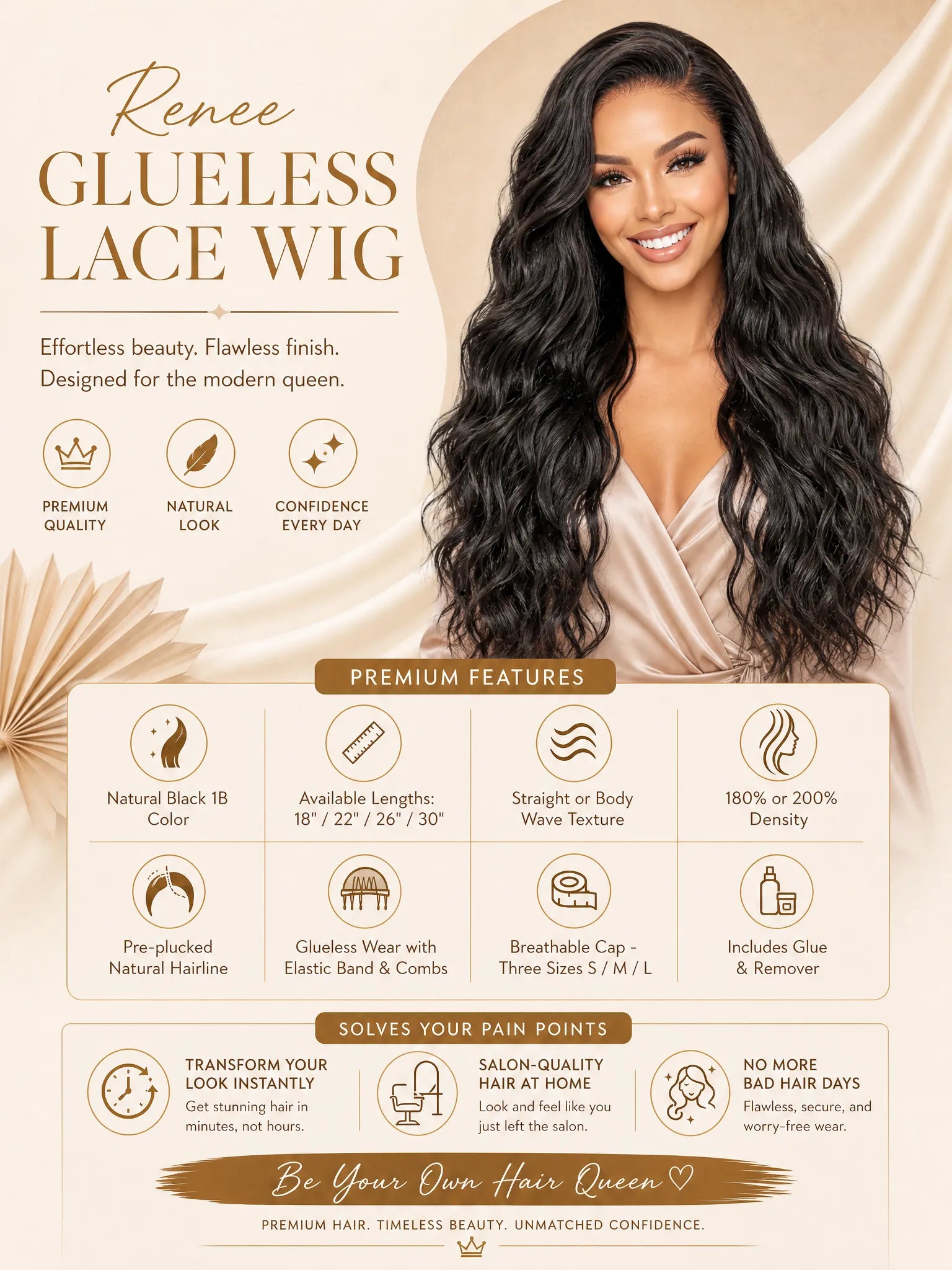 Glueless lace wig promo with long black wavy hair on a smiling model