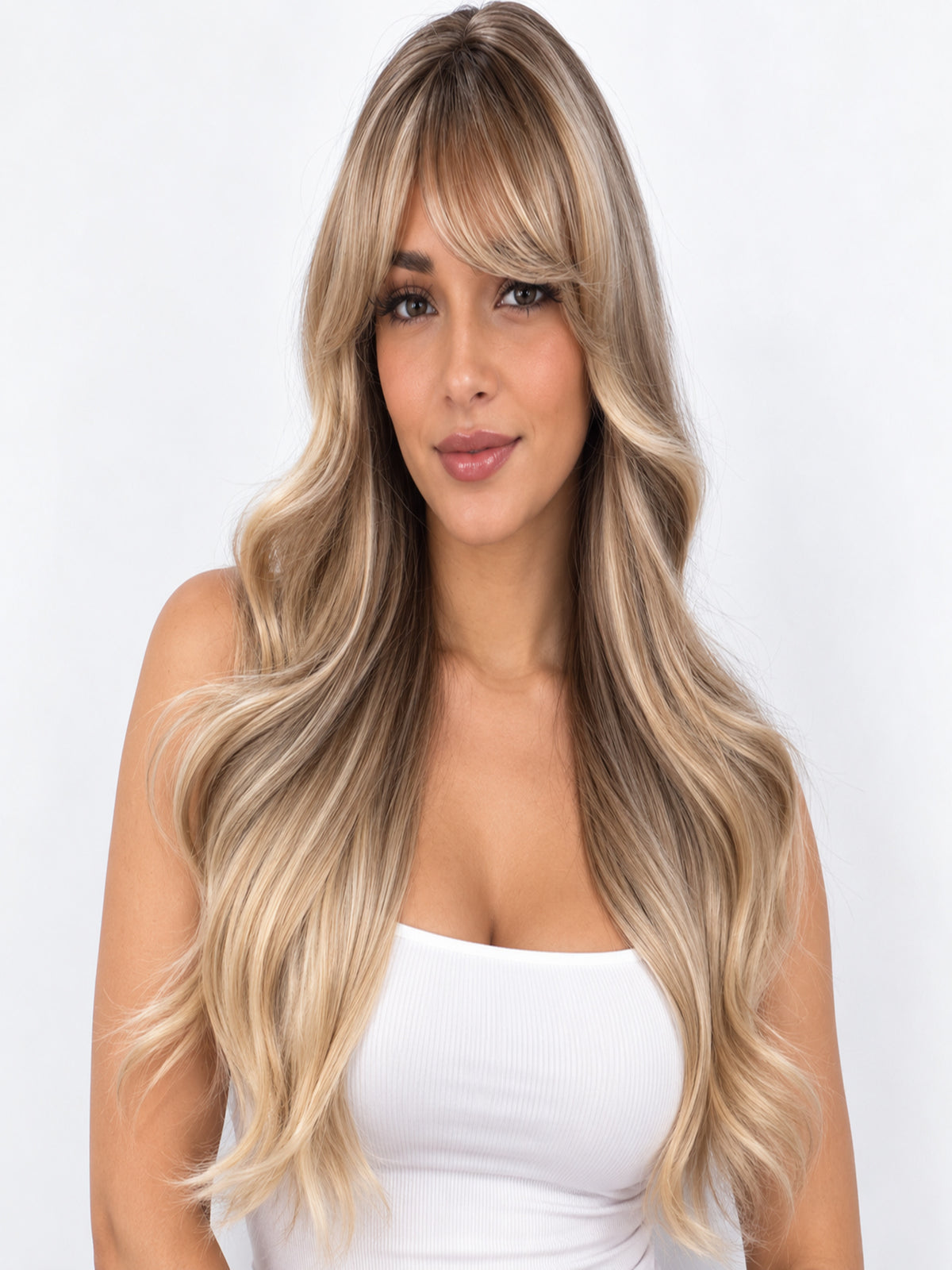 Long Blonde Ombre Wavy Synthetic Blend Wig with Bangs