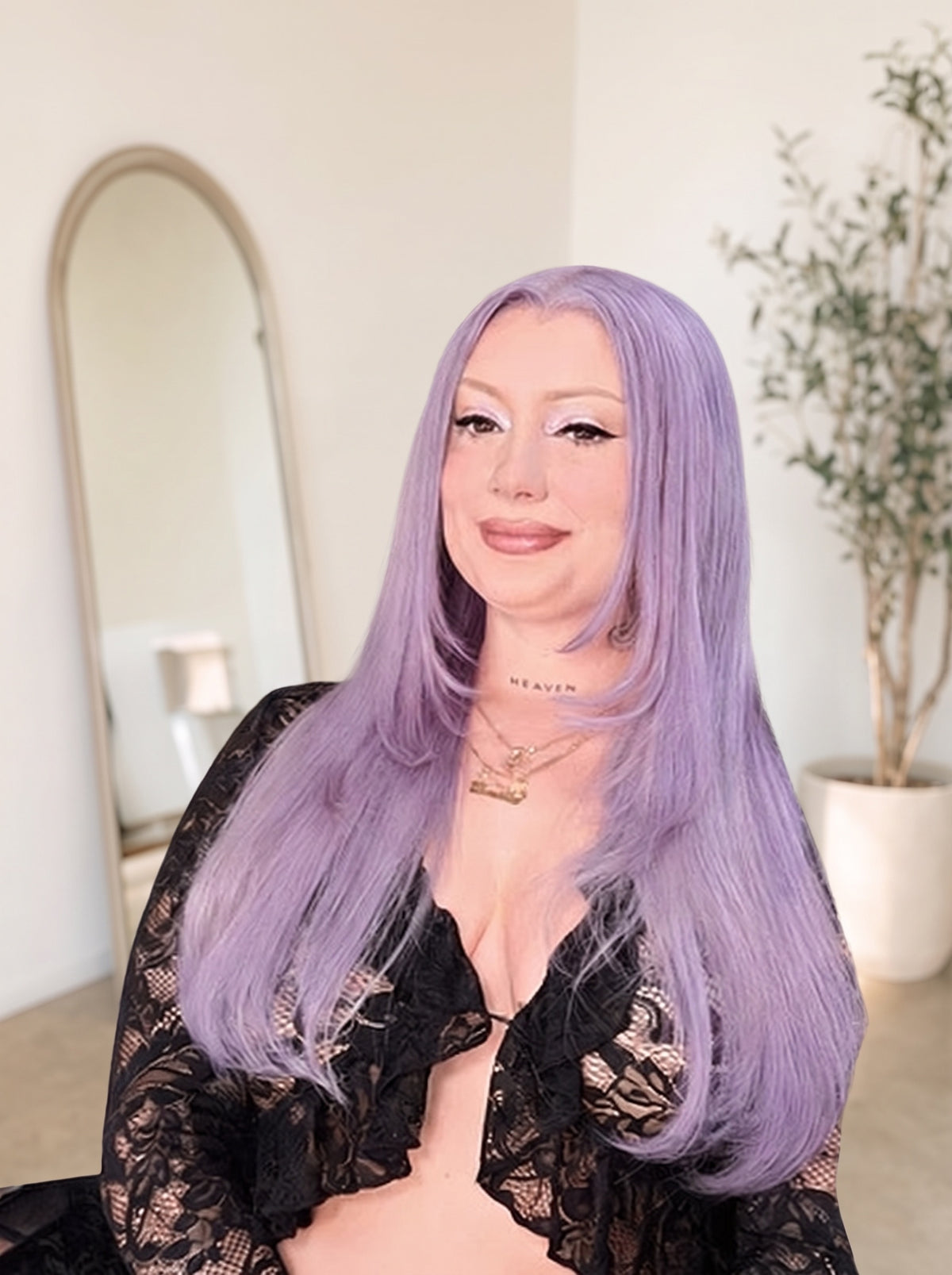 Vanilla lace-front wig with long straight lavender hair, worn by model at 3/4 angle