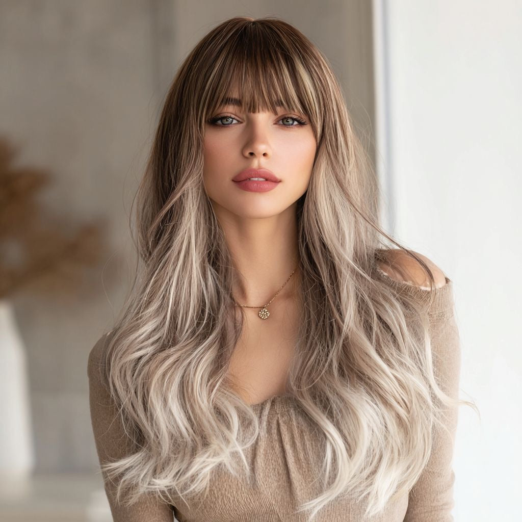 Long wavy synthetic wig with blonde-brown highlights and bangs