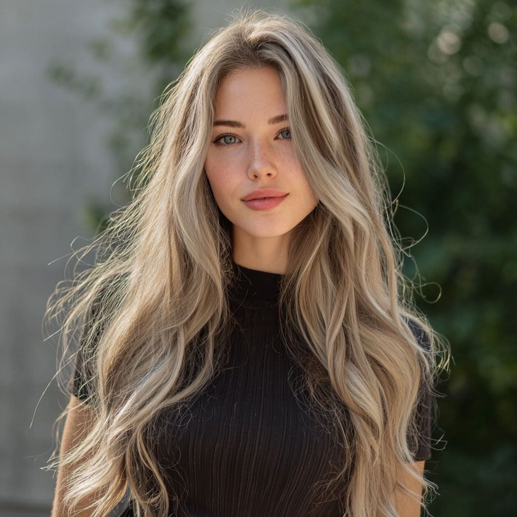 Long wavy synthetic wig with blonde highlights, long side-swept style