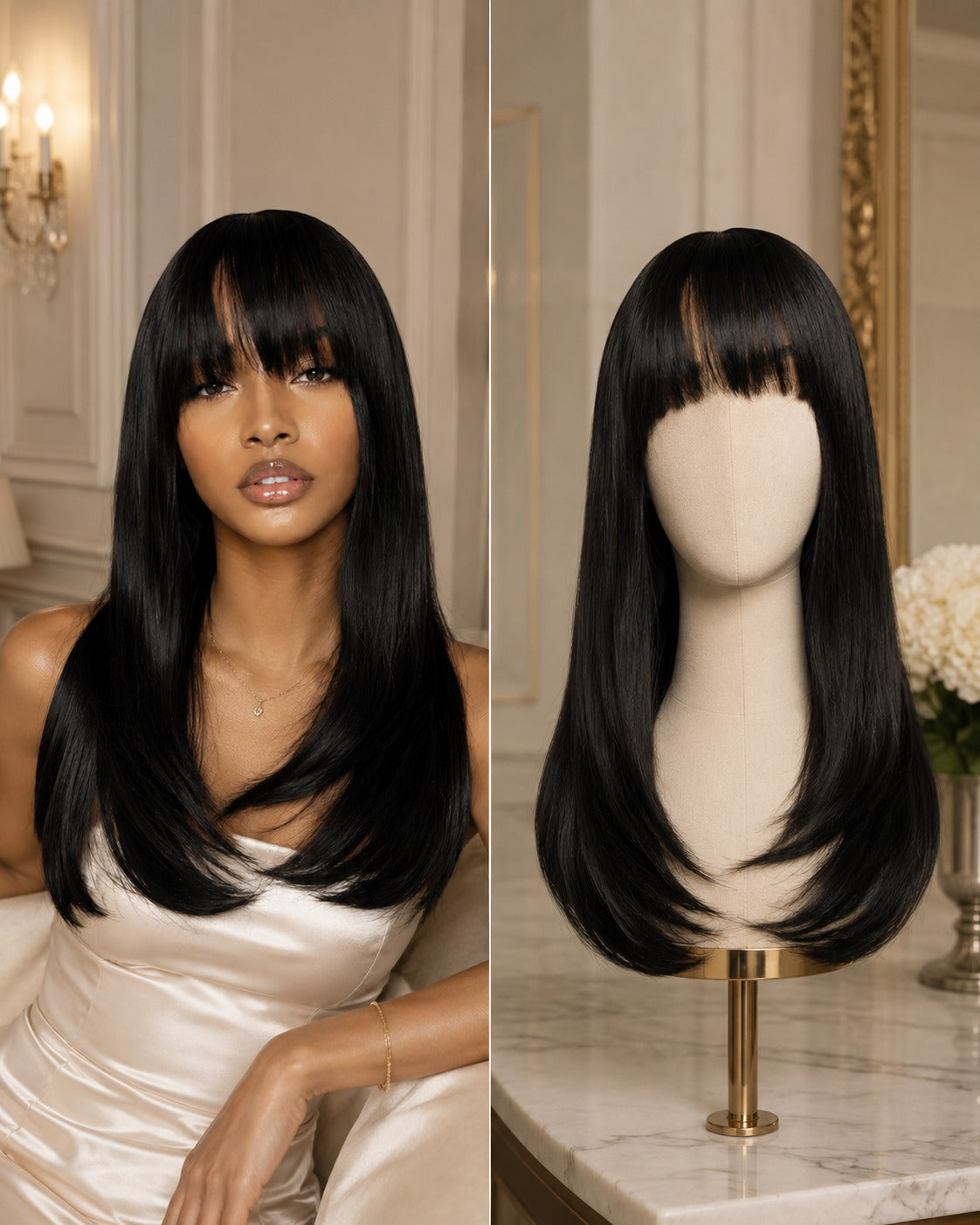 Black synthetic lace wig on mannequin, long straight hair with blunt fringe