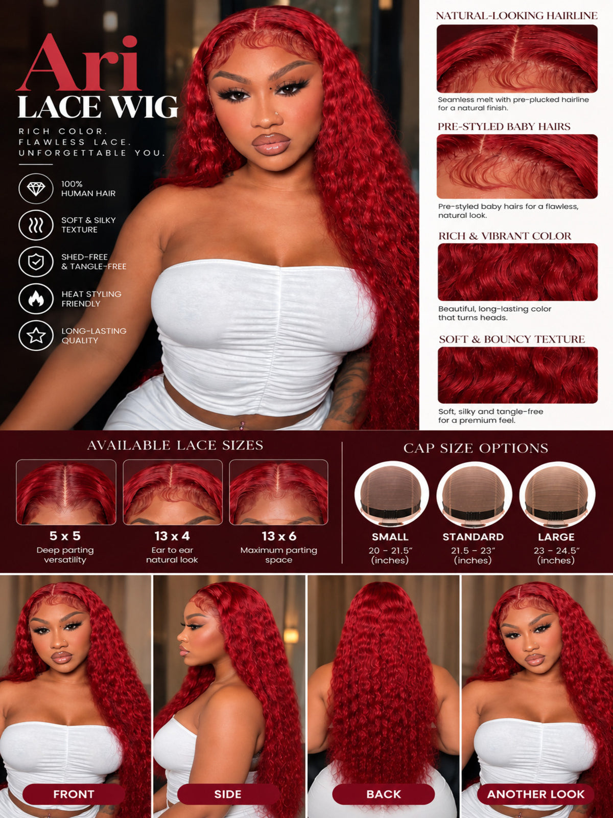 Long red curly lace front wig with deep part, worn with white strapless top