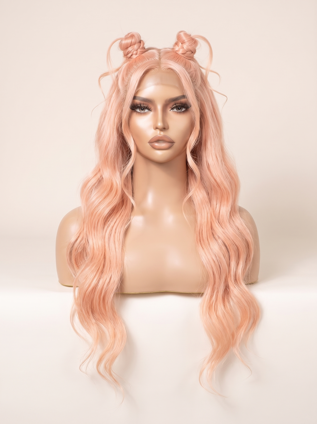 Baby pink long wavy wig with two top loops and natural-looking hairline