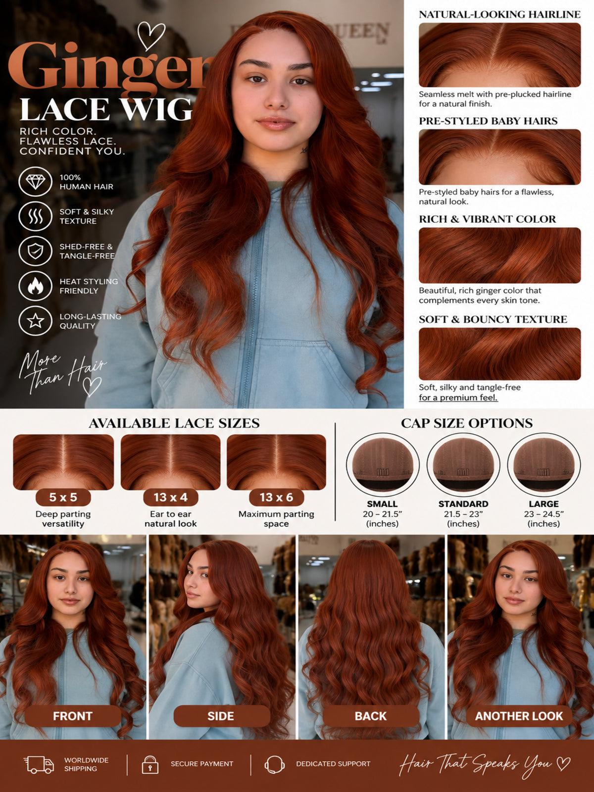 Long wavy ginger lace wig with natural-looking hairline, center part, and voluminous curls.