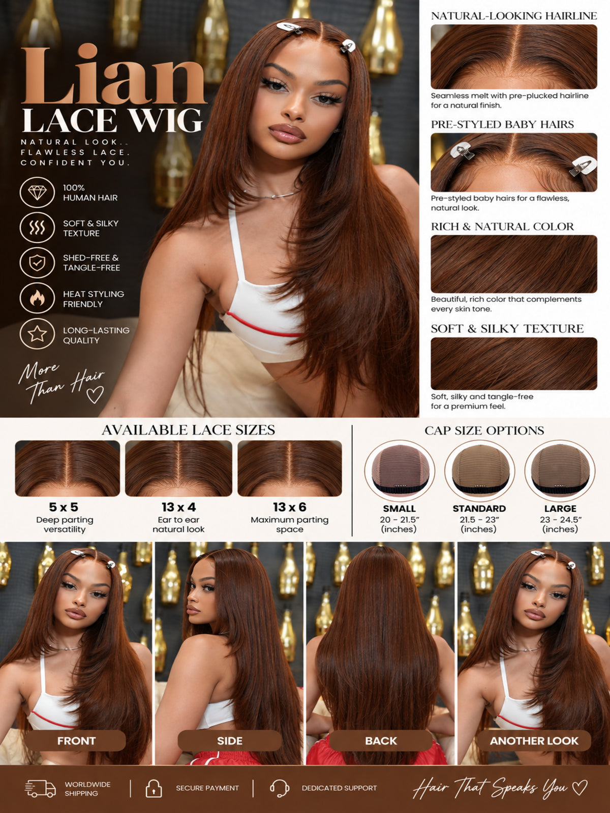Long brown lace-front wig worn by model, straight hair with a natural hairline