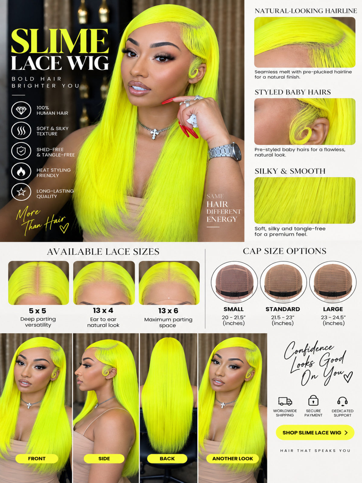 Neon yellow long lace wig with center part, straight silky hair on model