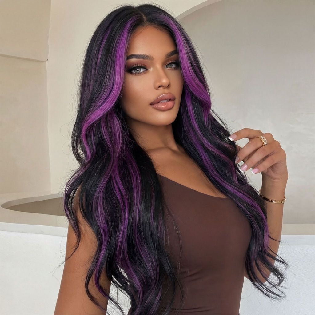Long wavy wig with black hair and purple highlights, side-swept strands
