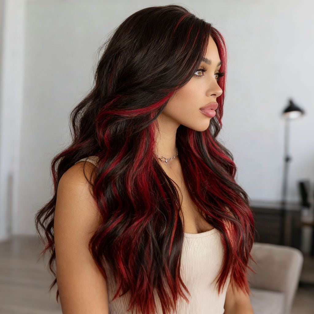 Long loose wavy wig with dark hair and vivid red streaks, side profile.